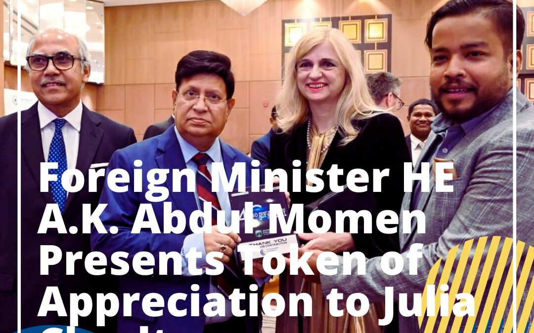Foreign Minister HE A.K. Abdul Momen presents token of appreciation to Julia Charlton